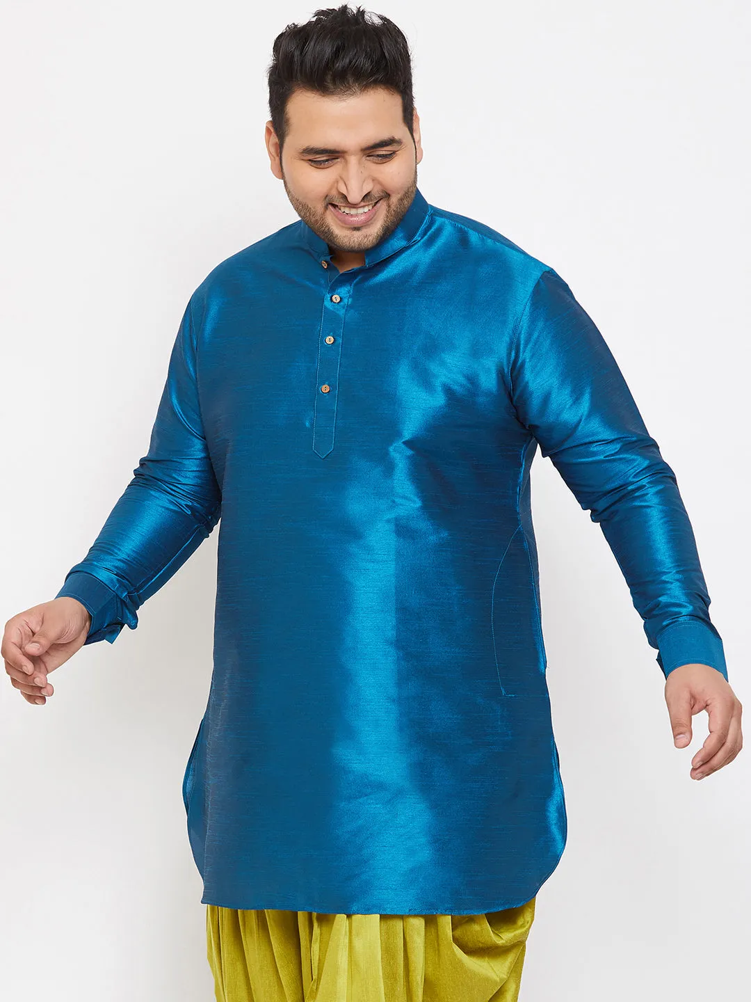 Jashvi Men's Plus Size Turquoise Silk Blend Curved Kurta
