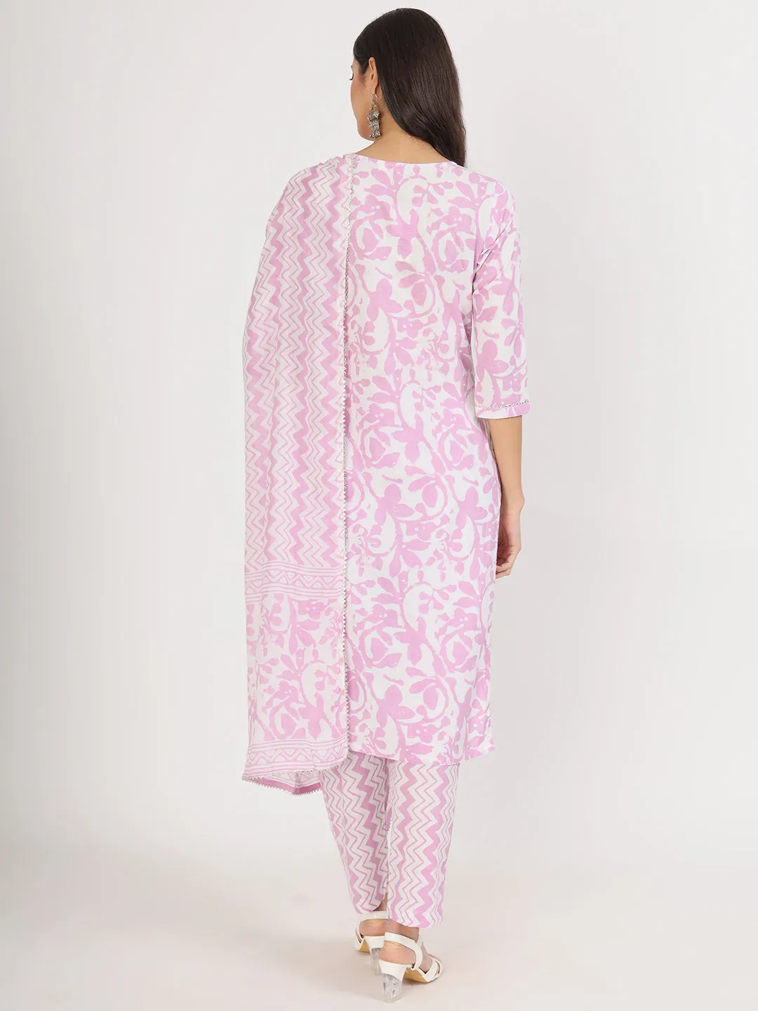 Jashvi Purple Floral Print Cotton Kurta pant with Dupatta set
