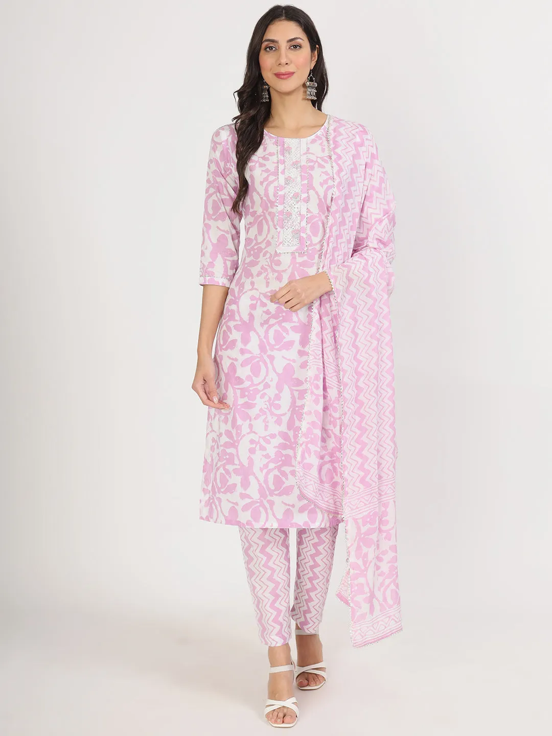 Jashvi Purple Floral Print Cotton Kurta pant with Dupatta set
