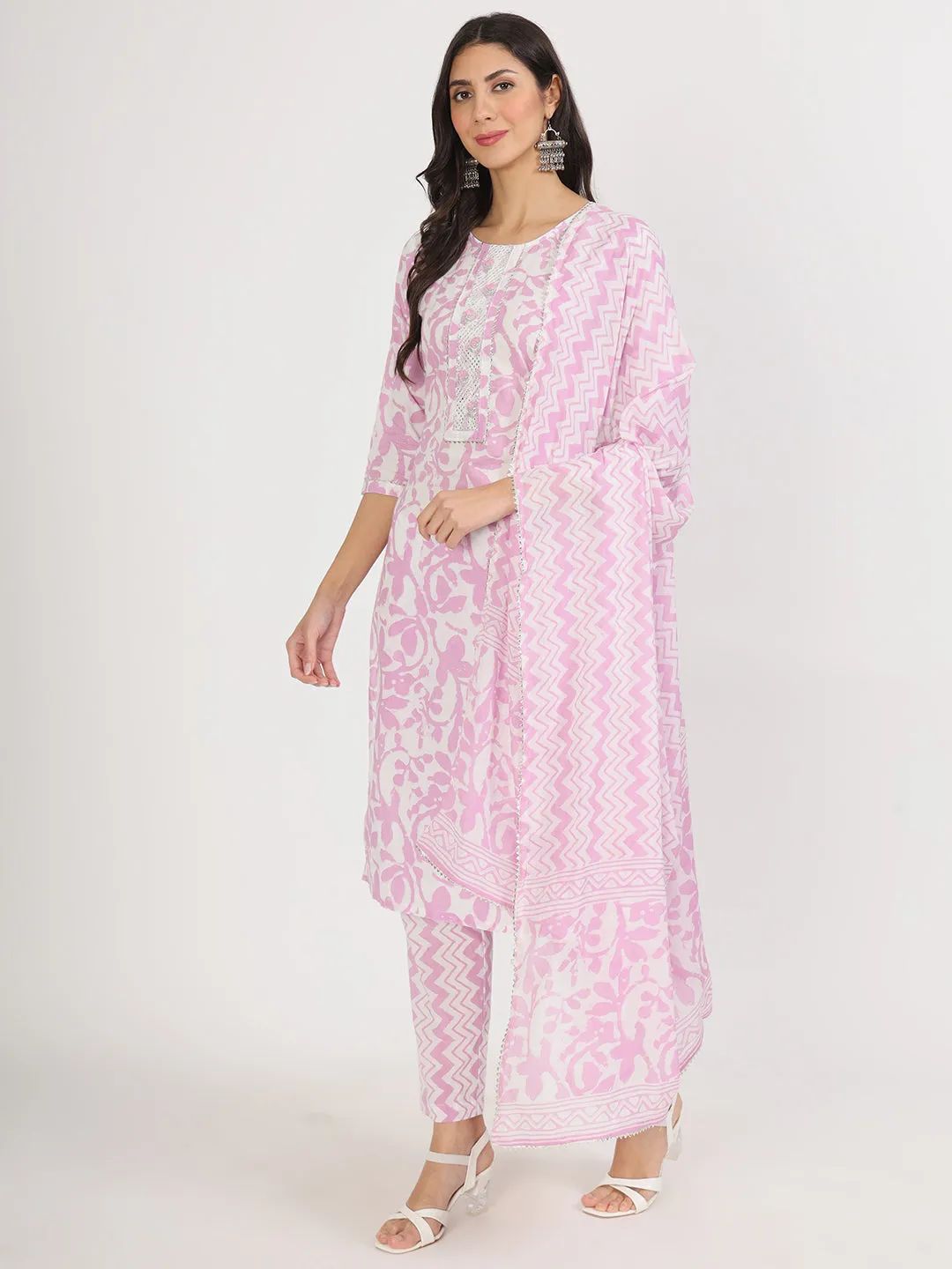 Jashvi Purple Floral Print Cotton Kurta pant with Dupatta set