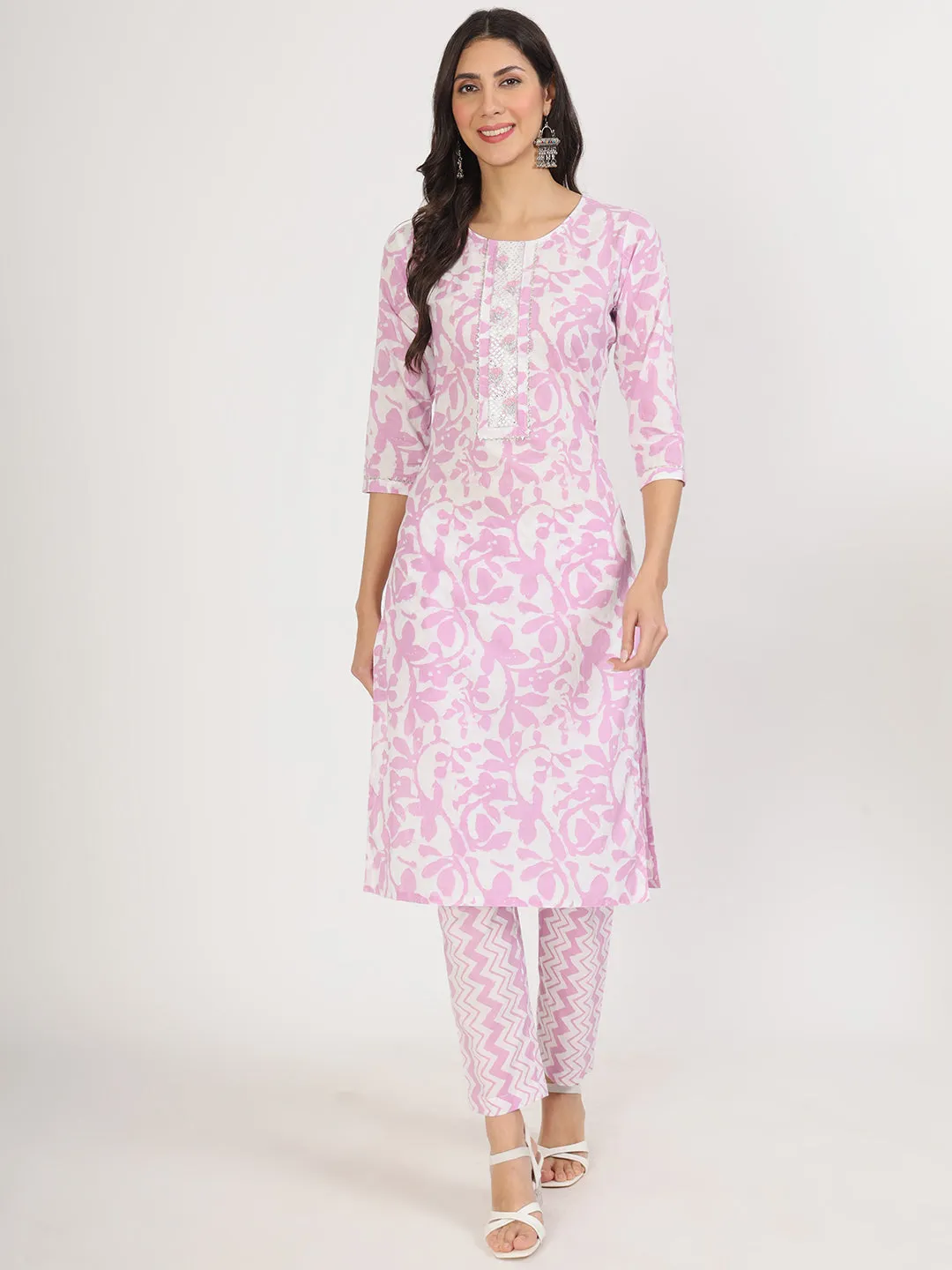 Jashvi Purple Floral Print Cotton Kurta pant with Dupatta set