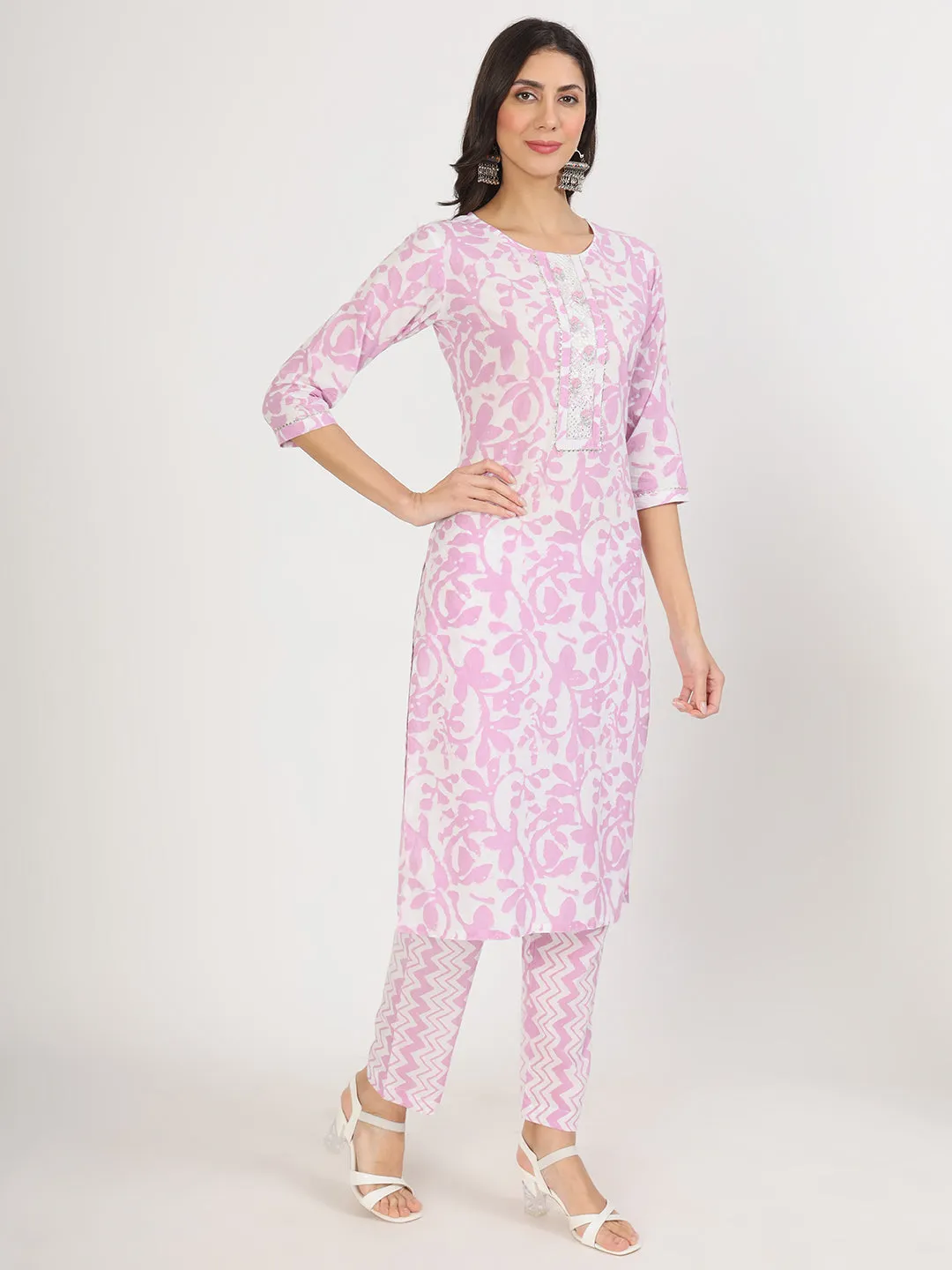 Jashvi Purple Floral Print Cotton Kurta pant with Dupatta set
