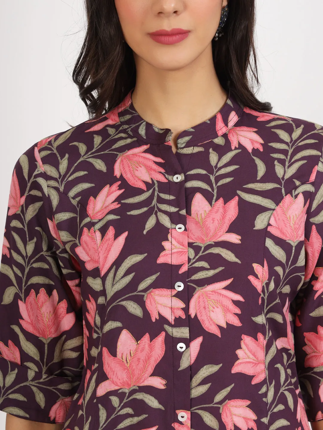 Jashvi Purple Floral Printed Rayon Top