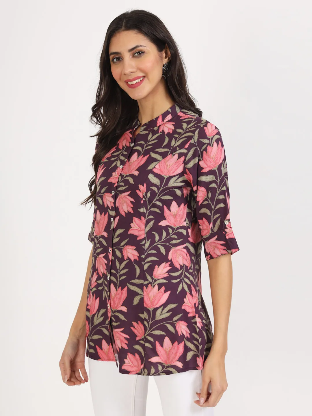 Jashvi Purple Floral Printed Rayon Top