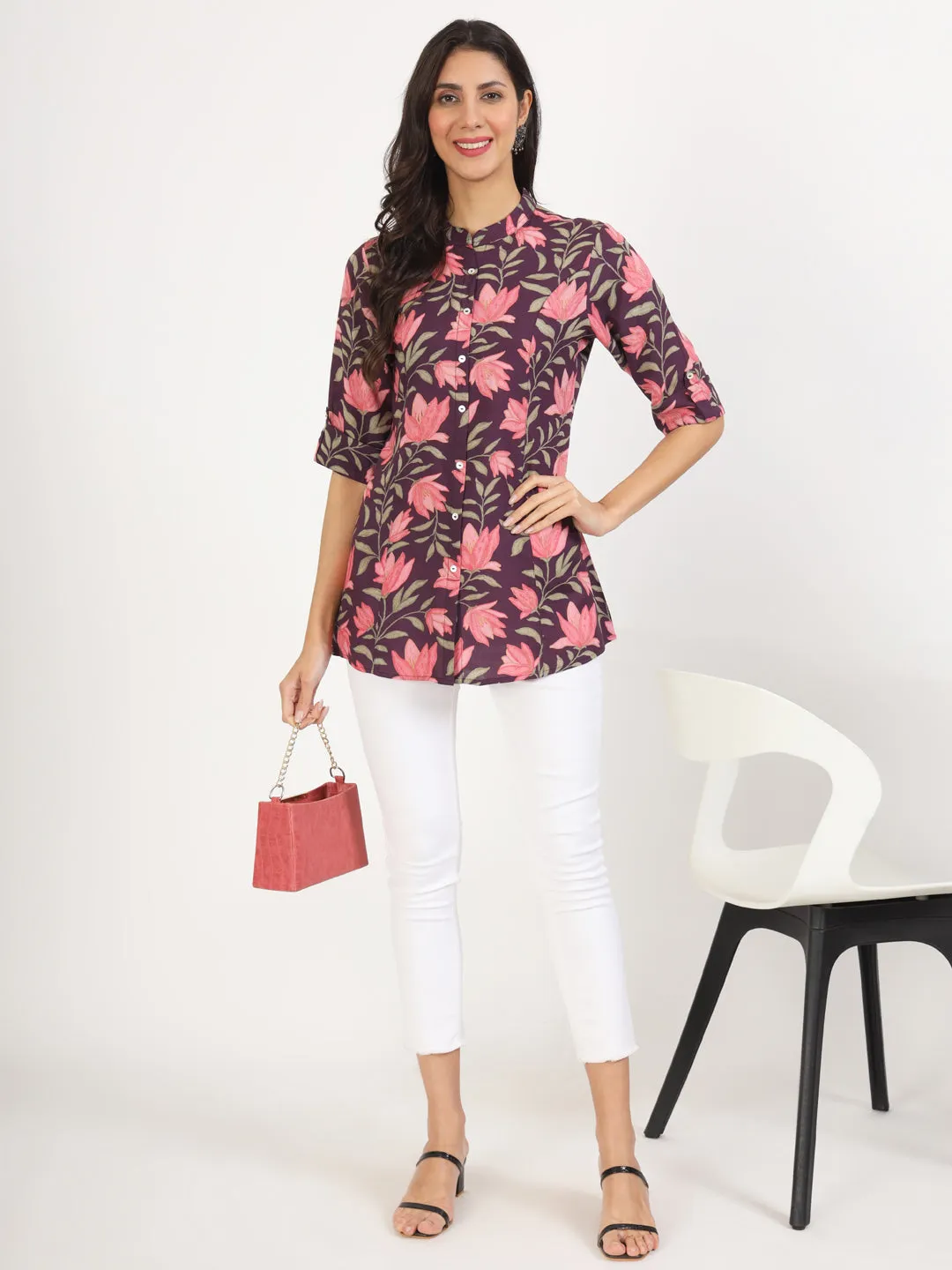 Jashvi Purple Floral Printed Rayon Top