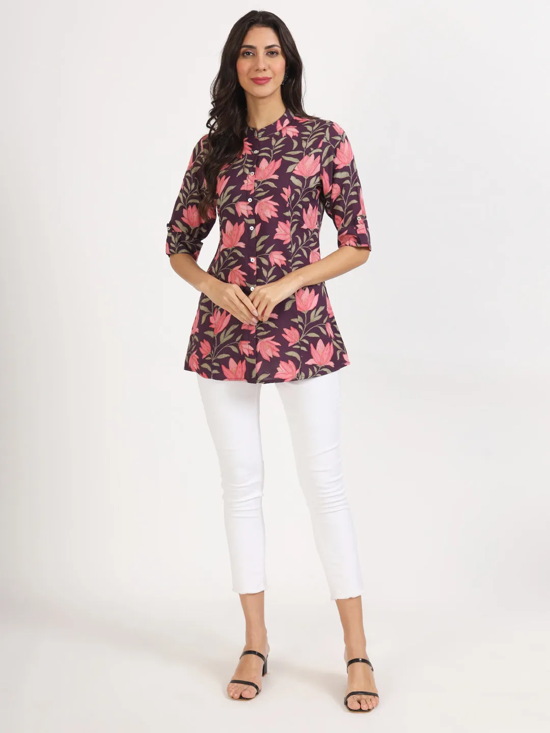Jashvi Purple Floral Printed Rayon Top