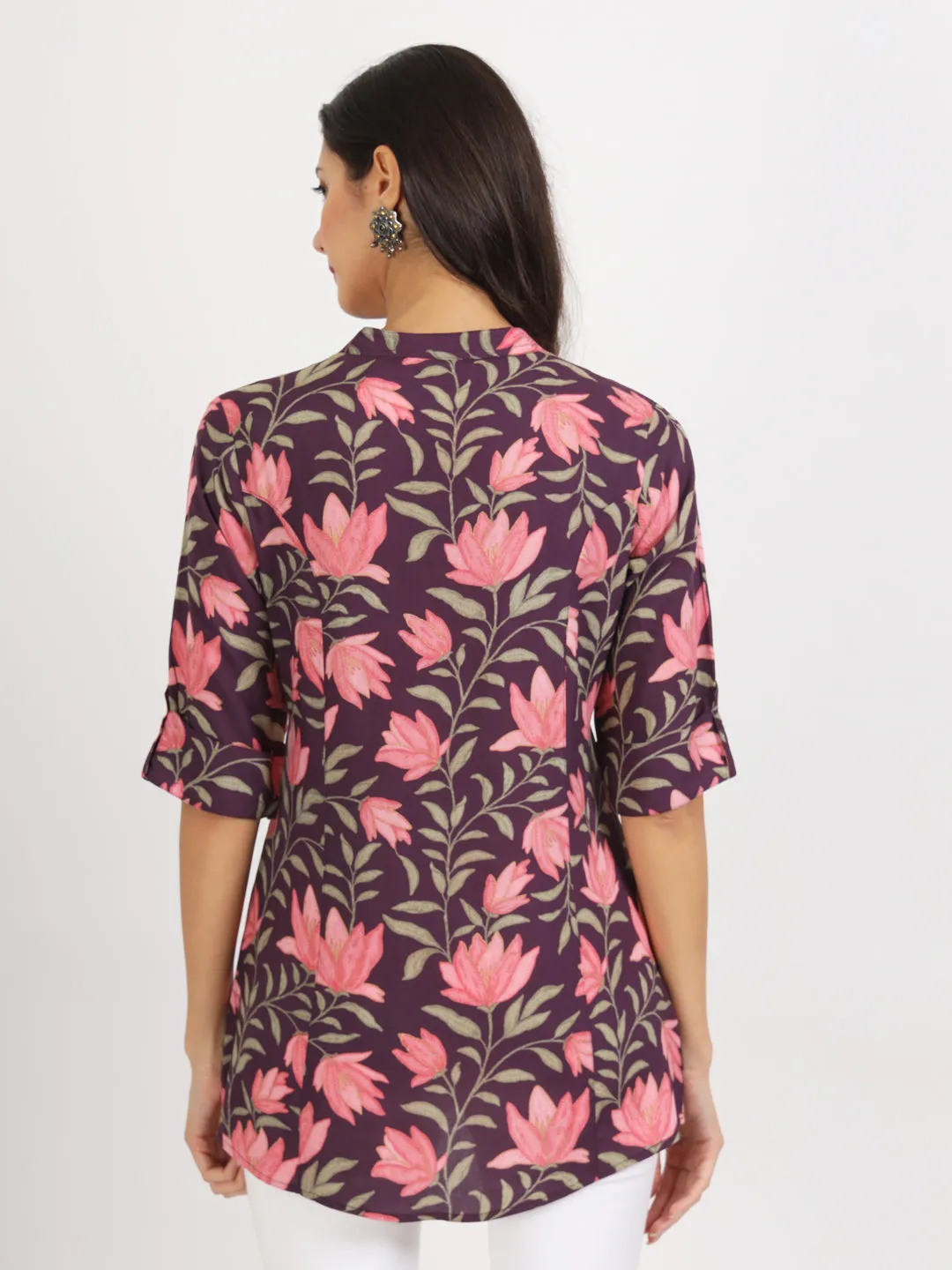 Jashvi Purple Floral Printed Rayon Top