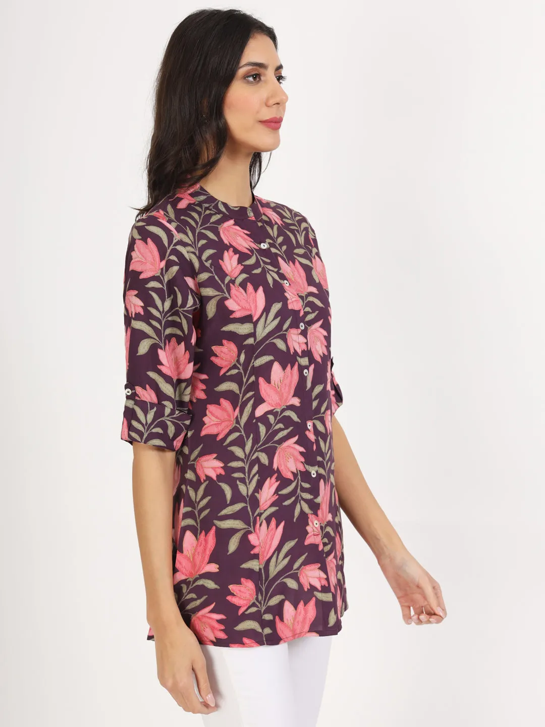 Jashvi Purple Floral Printed Rayon Top