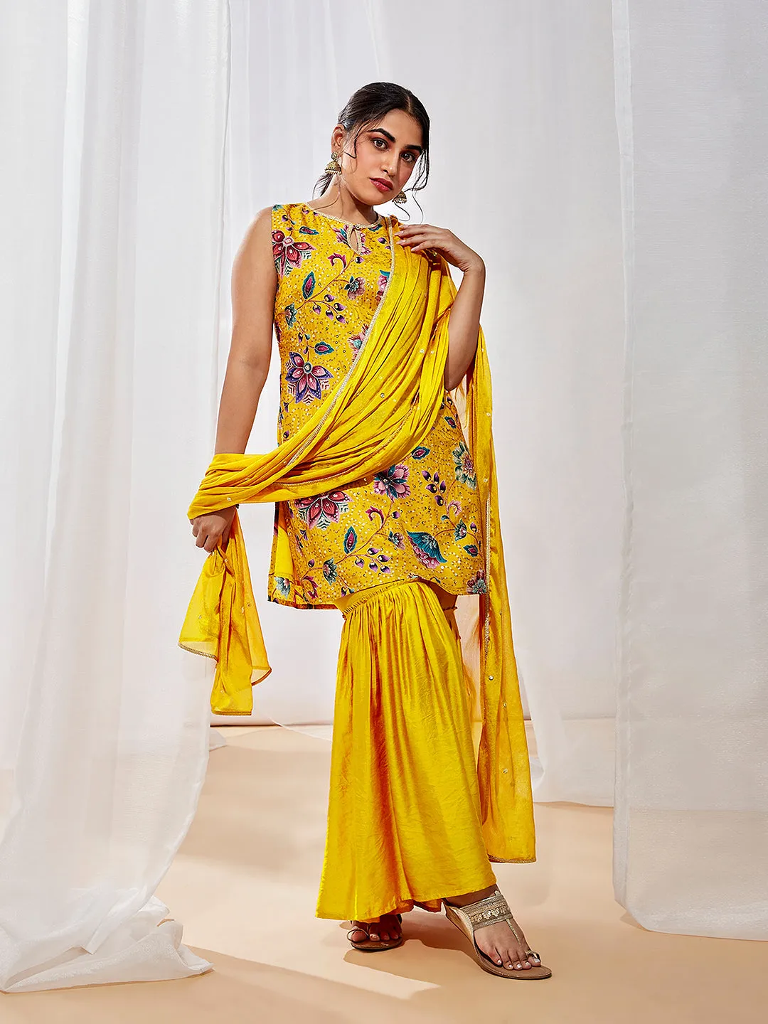Jashvi Women's Mustard Kurta Sharara Set