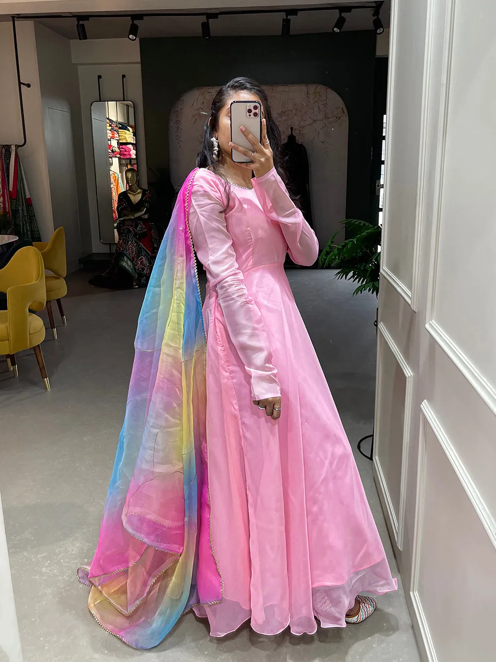 Light Pink Color Simple Soft Organza Gown