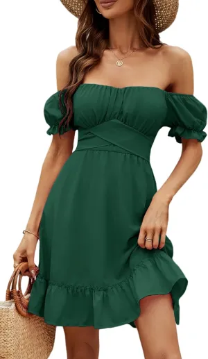 LYANER Women's Off Shoulder Puff Short Sleeve Ruffle High Waist Summer Mini Dress Dark Green Large