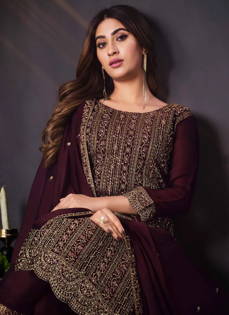 Maroon Sequence Embroidery Pant Style Suit