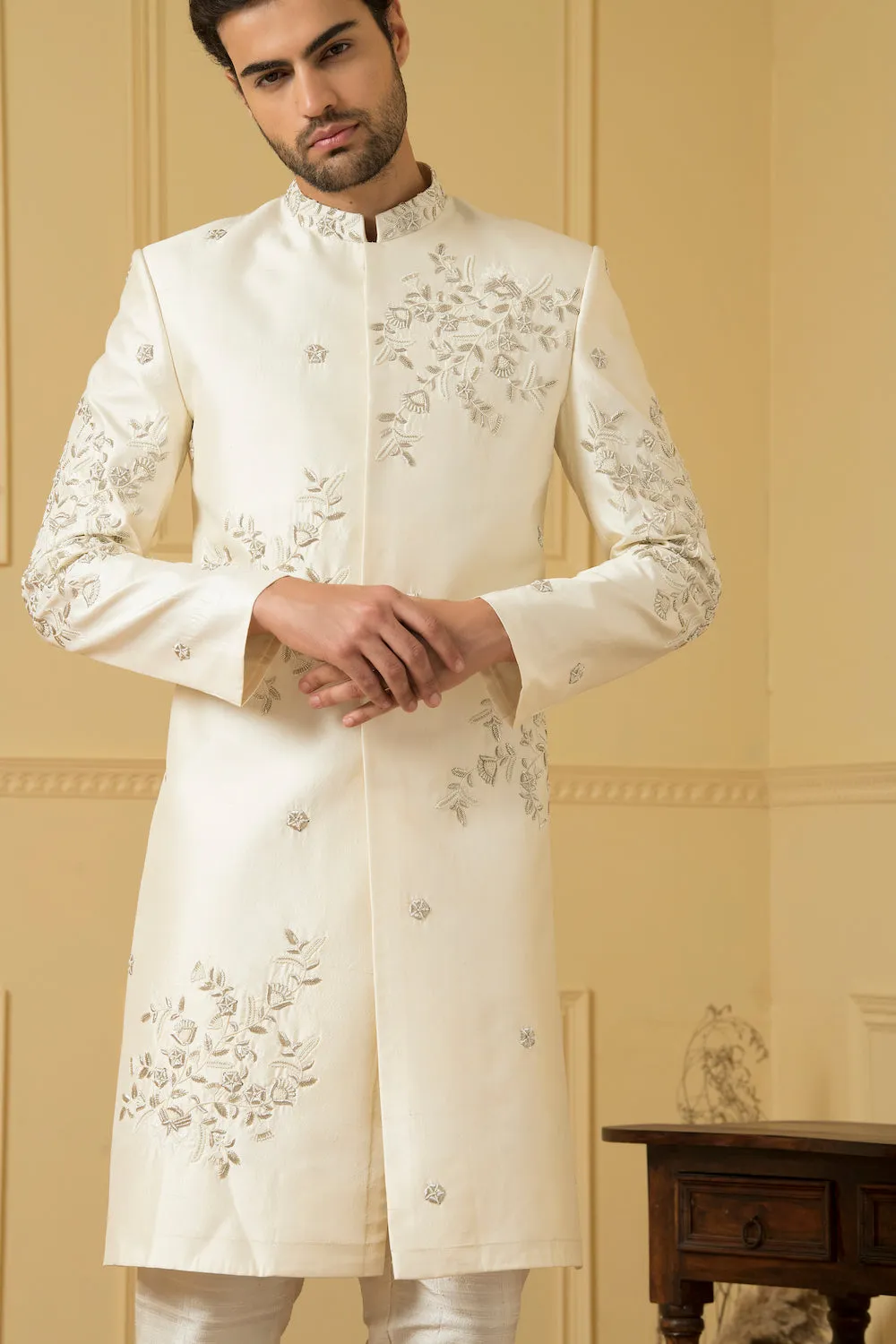 Men's Cream Embroidered And Zardozi Work Sherwani - Hilo Design