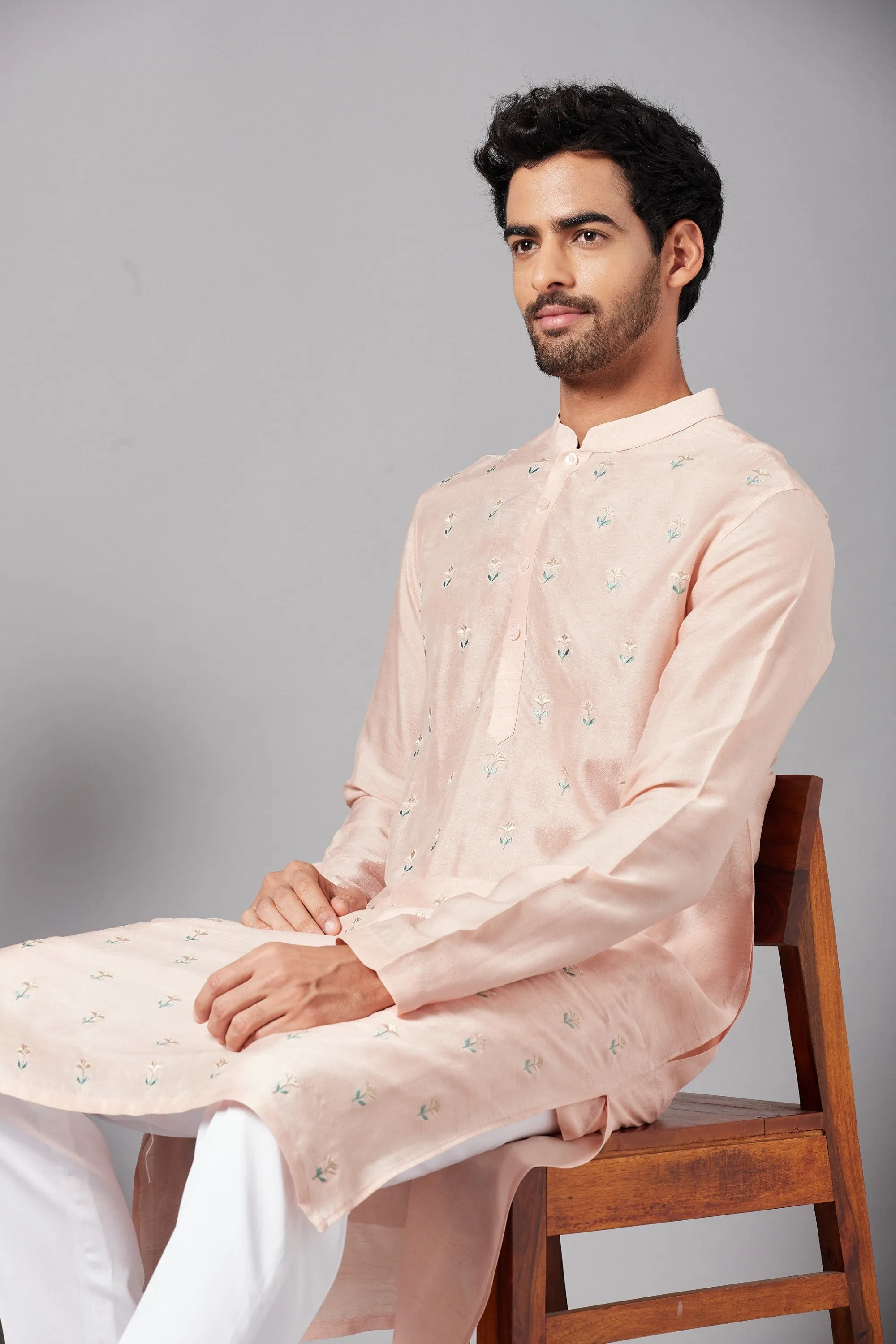 Men's Moori Small Flower Motifs All Over Peach Embroidered Kurta With Crop Pants - Hilo Design