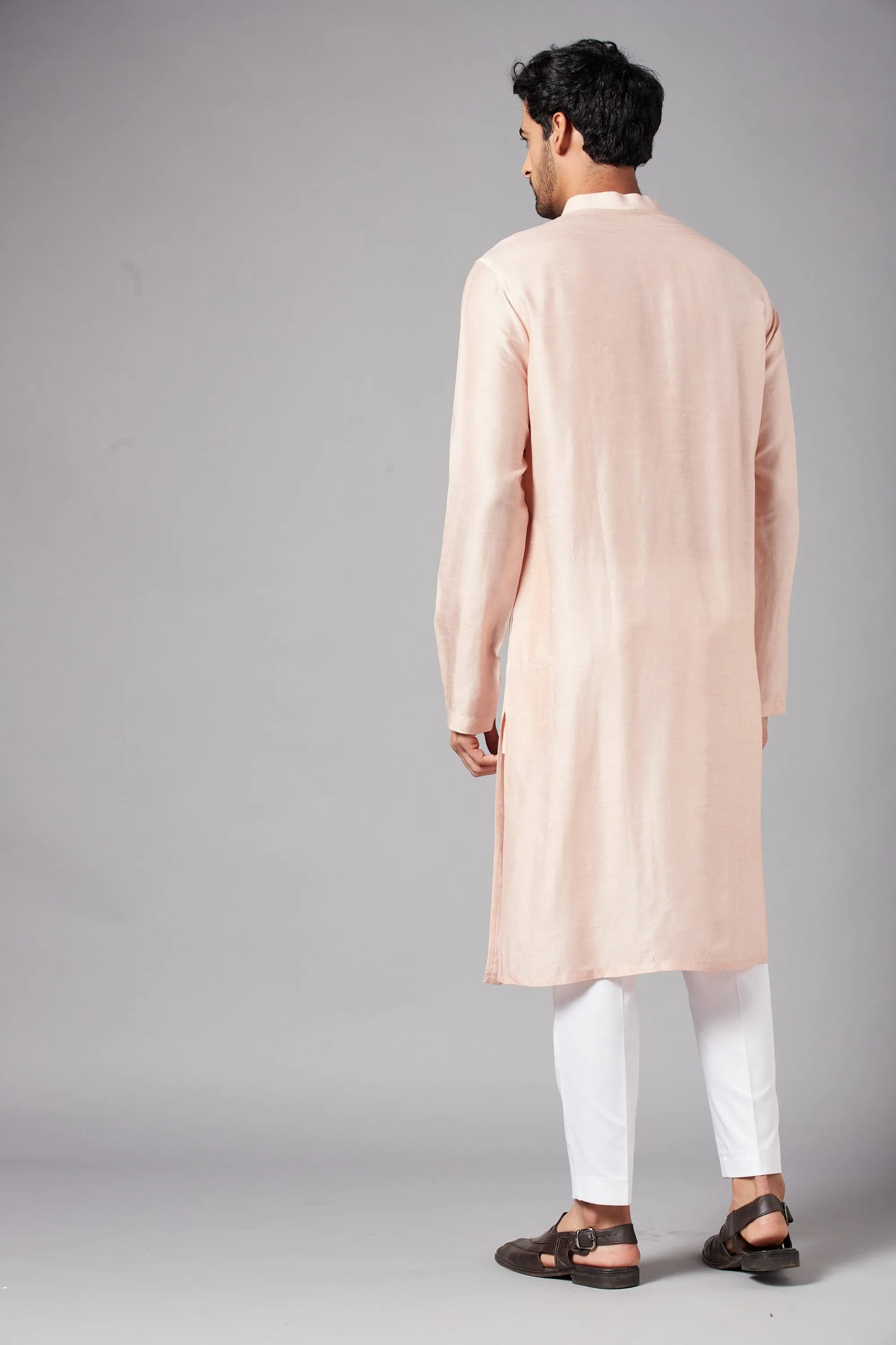 Men's Moori Small Flower Motifs All Over Peach Embroidered Kurta With Crop Pants - Hilo Design