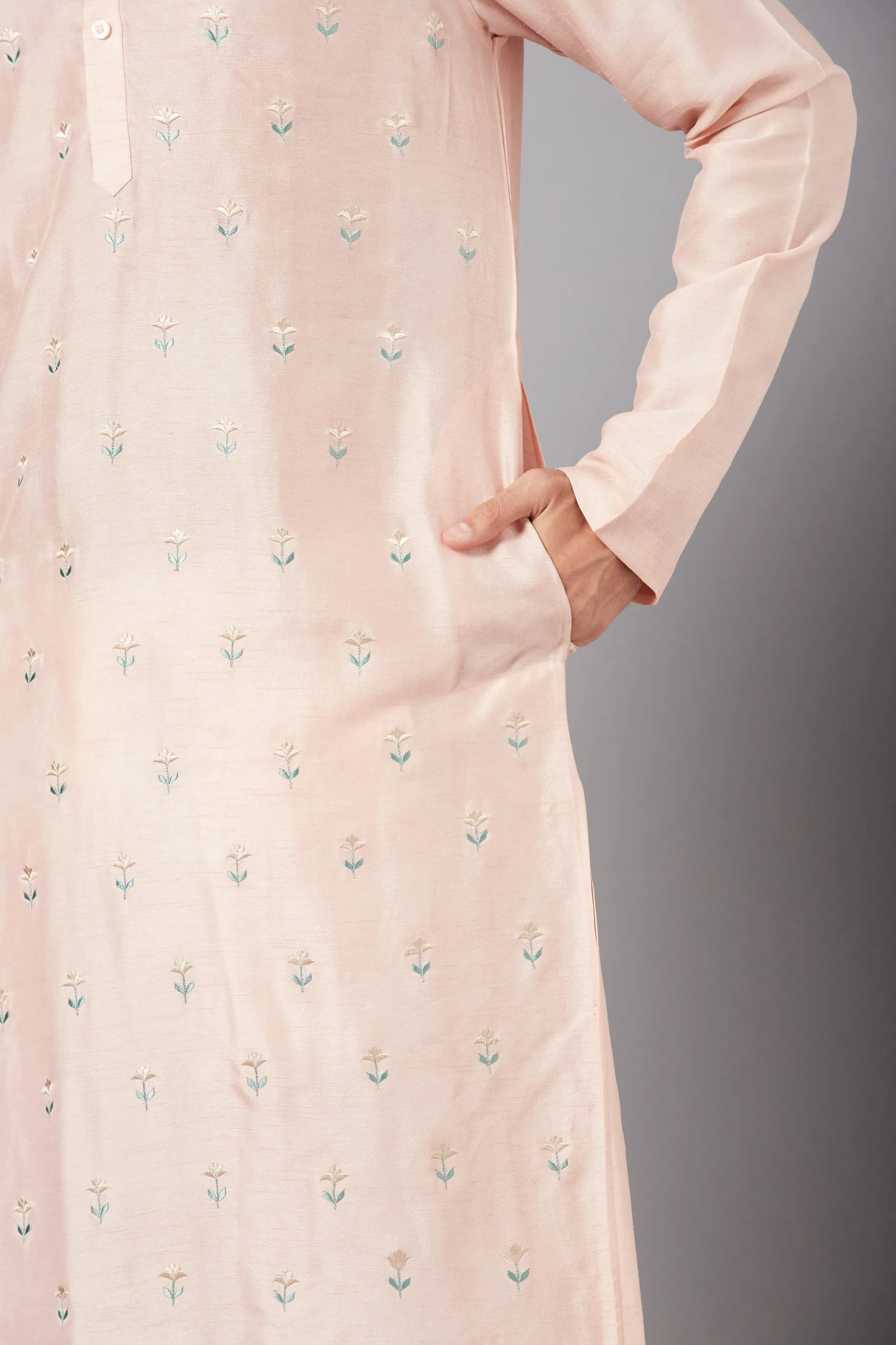 Men's Moori Small Flower Motifs All Over Peach Embroidered Kurta With Crop Pants - Hilo Design