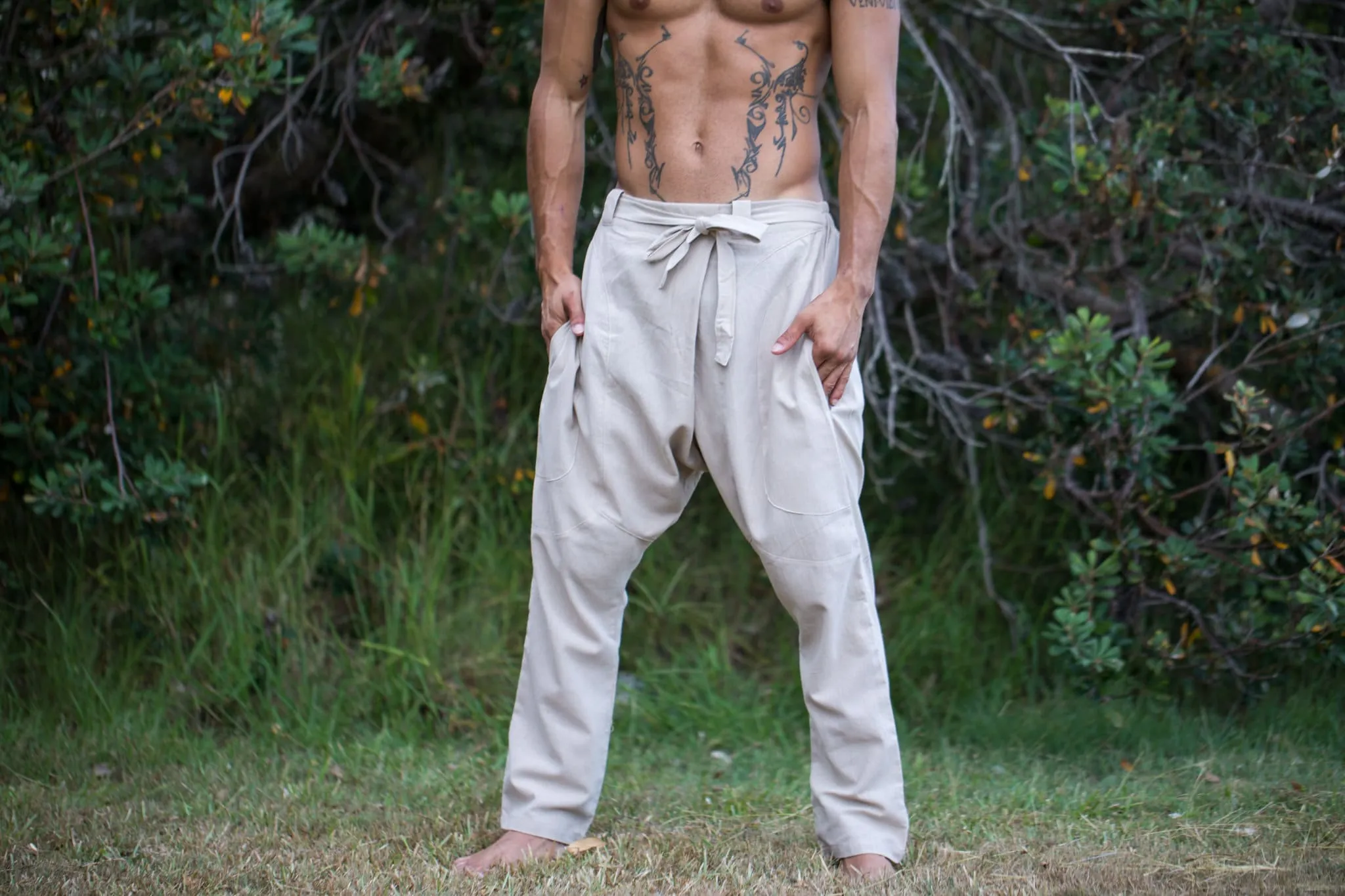Mens Pants Beige Afghani Harem Drop Crotch, Primitive Handmade Comfortable Yoga Gypsy Boho Alibaba Aladdin Festival Goa two Pockets AJJAYA