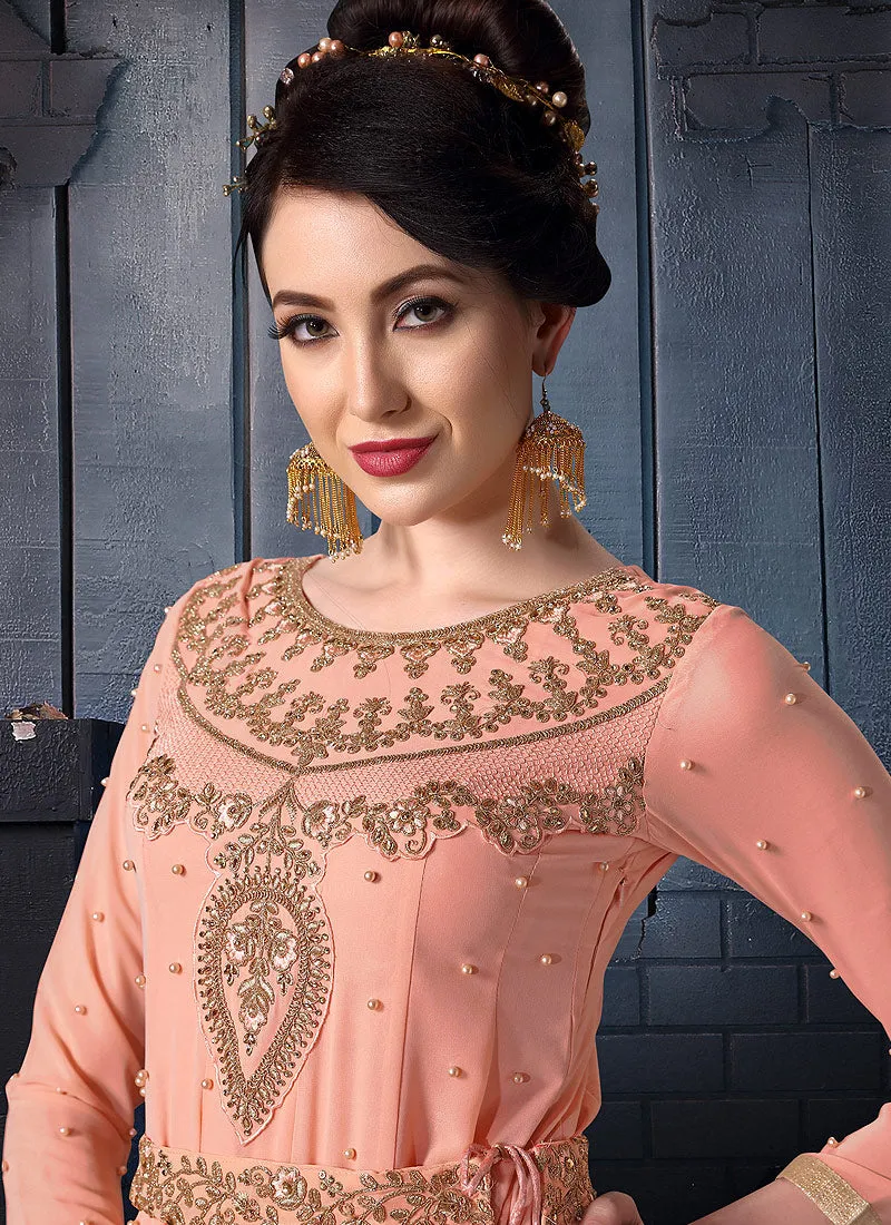 Peach Embroidered Slit Style Anarkali Pants Suit