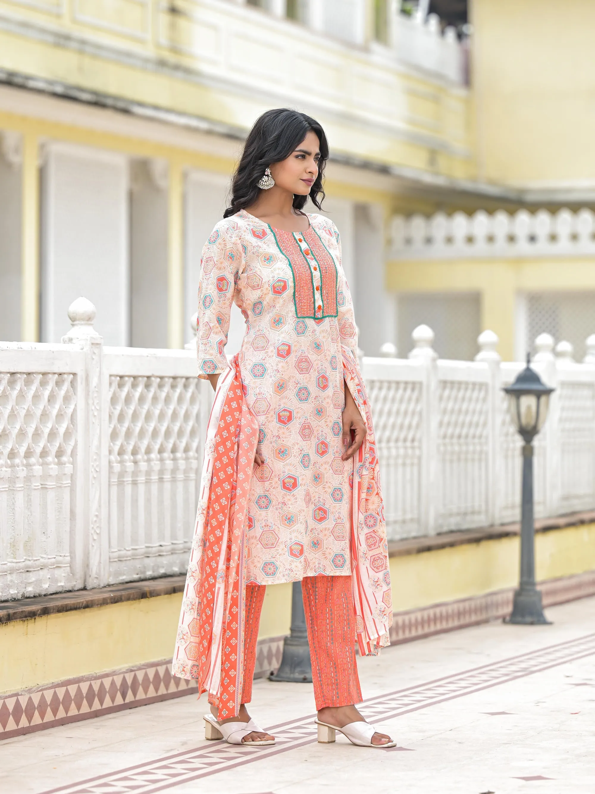 Peach Floral Printed Cotton Kurta Pant With Dupatta Set With Sequins & Thread Work