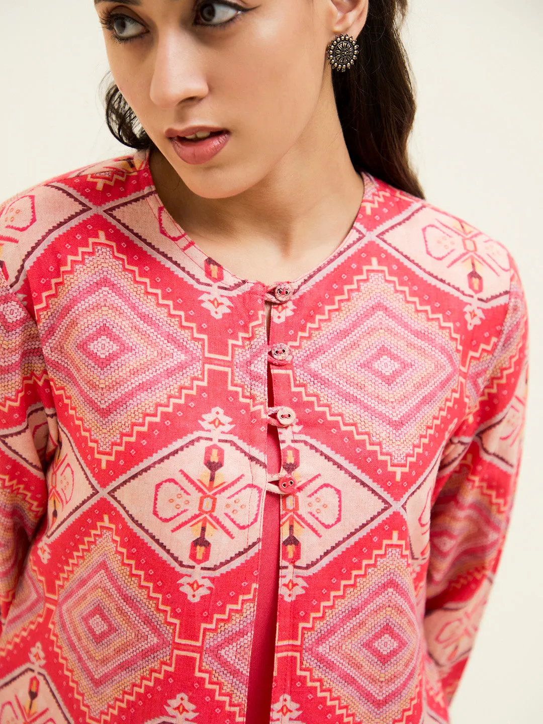 Peach Geometric Printed Co-ord Set With Shrug