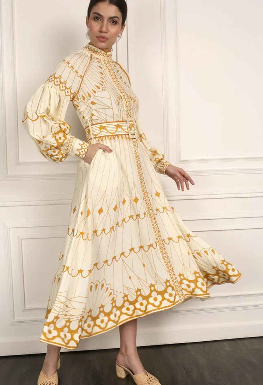 Pernilla Placement Belted Midi Shirtdress Gold