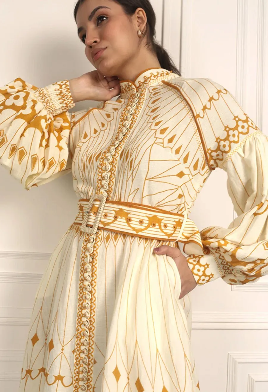 Pernilla Placement Belted Midi Shirtdress Gold