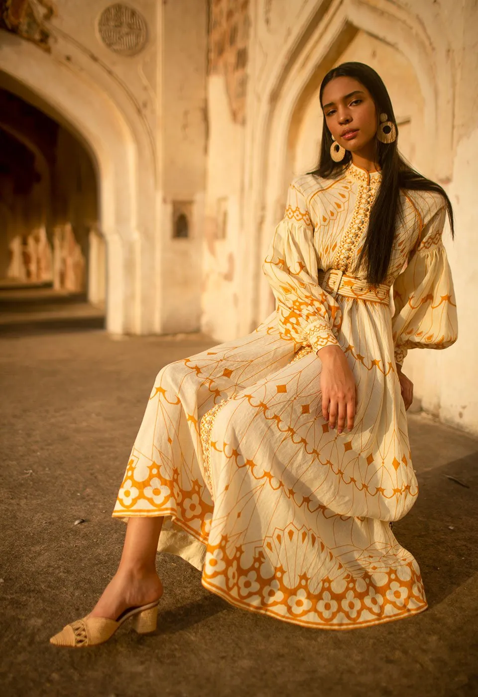 Pernilla Placement Belted Midi Shirtdress Gold
