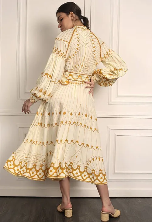 Pernilla Placement Belted Midi Shirtdress Gold