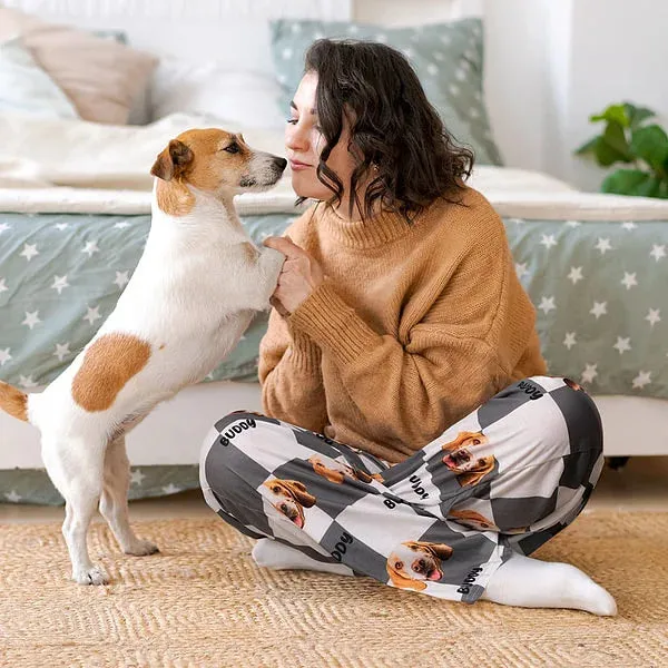 Personalized Dog Cat Face Photo Multicolor Plaid Name Pajama Pants Birthday Christmas Gift for Women Men Pet Lovers