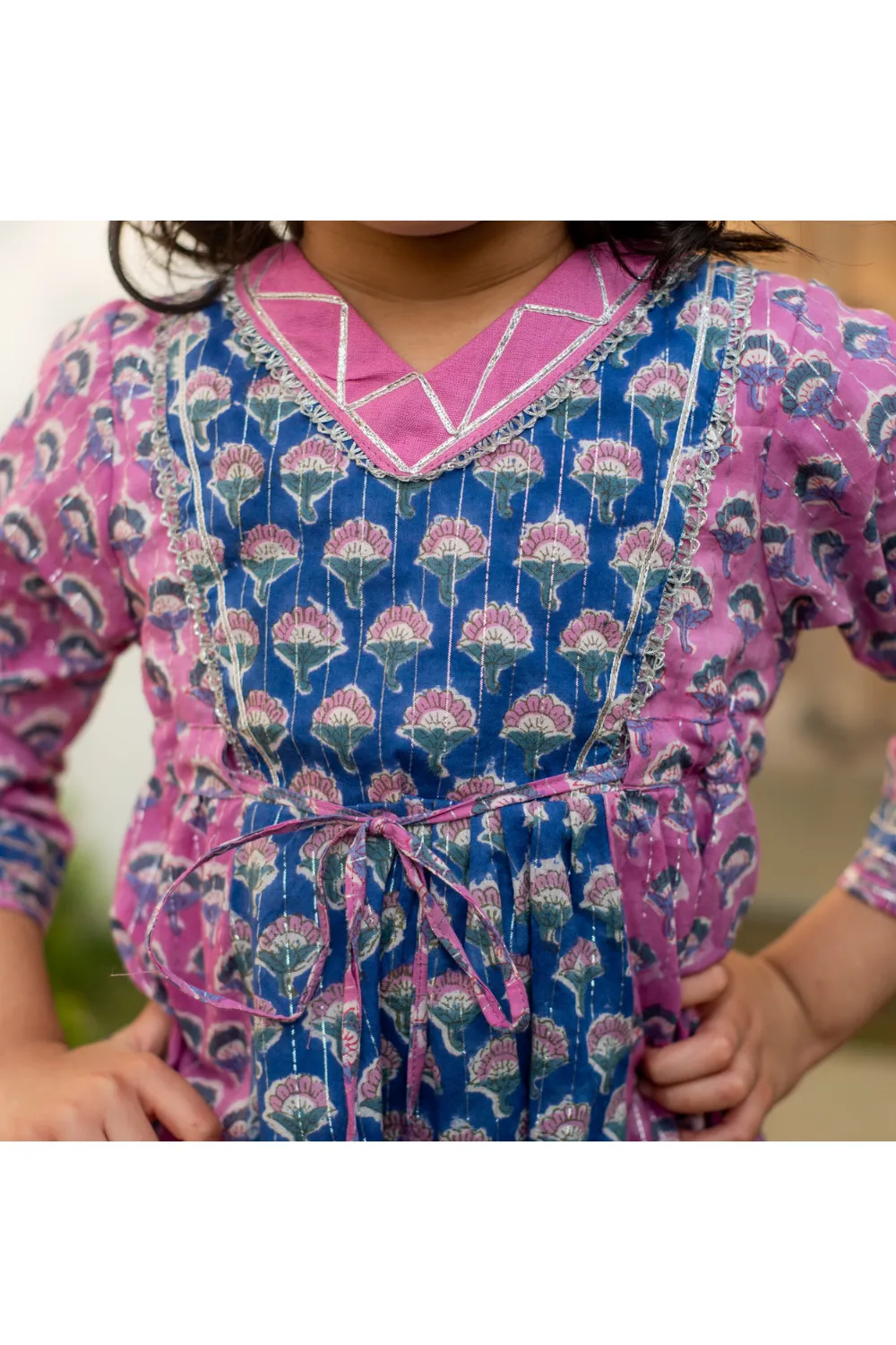 Pink And Blue Floral Printed And Gota Lace Embellished Kurta With Pants Set