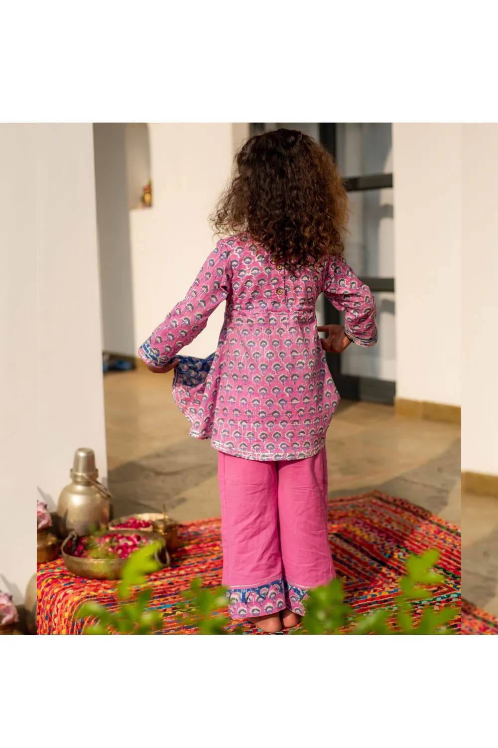 Pink And Blue Floral Printed And Gota Lace Embellished Kurta With Pants Set