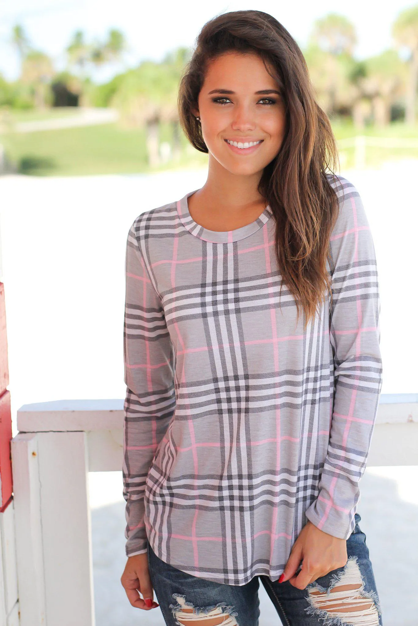 Pink and Gray Plaid Long Sleeve Top