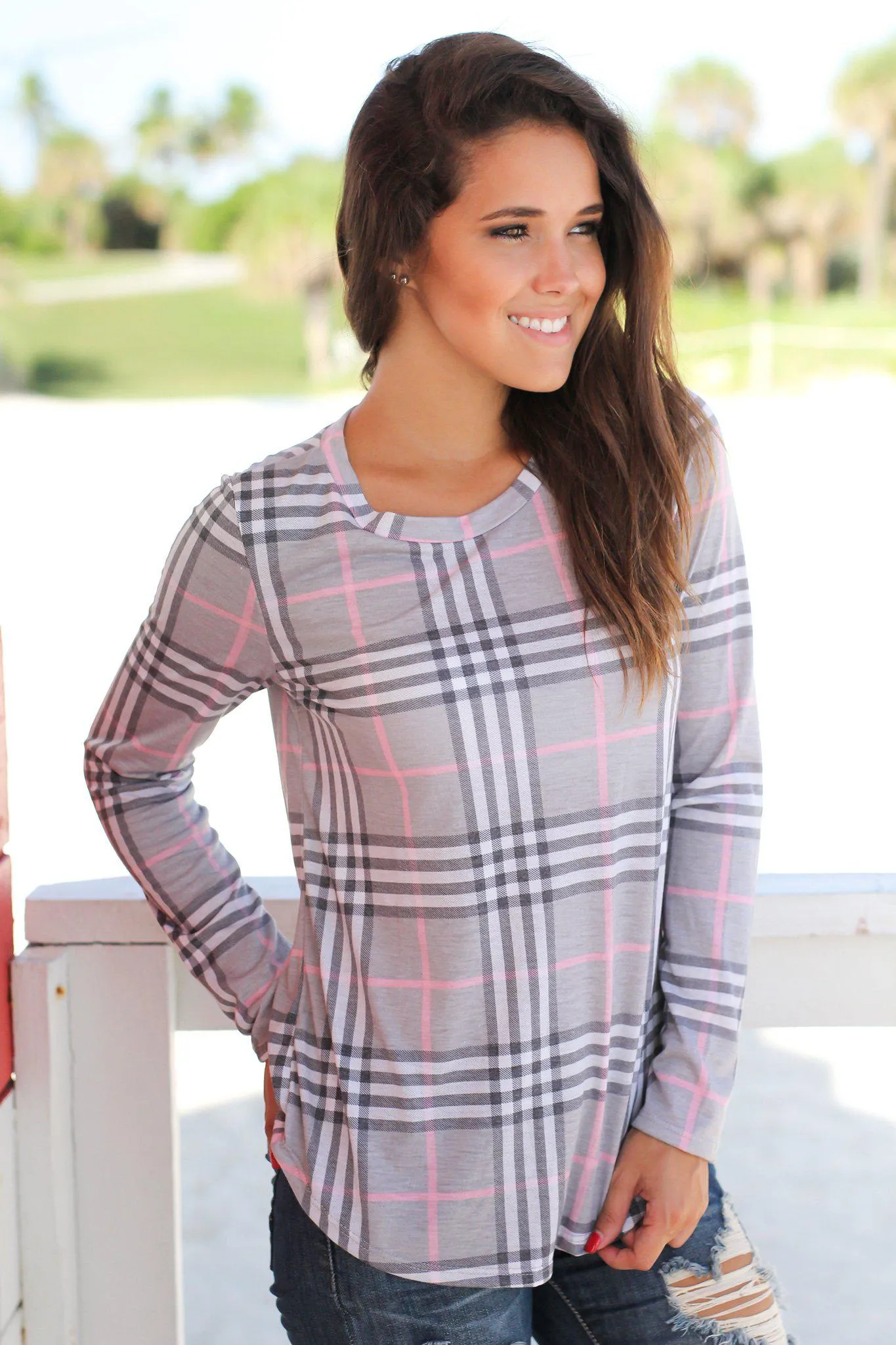 Pink and Gray Plaid Long Sleeve Top
