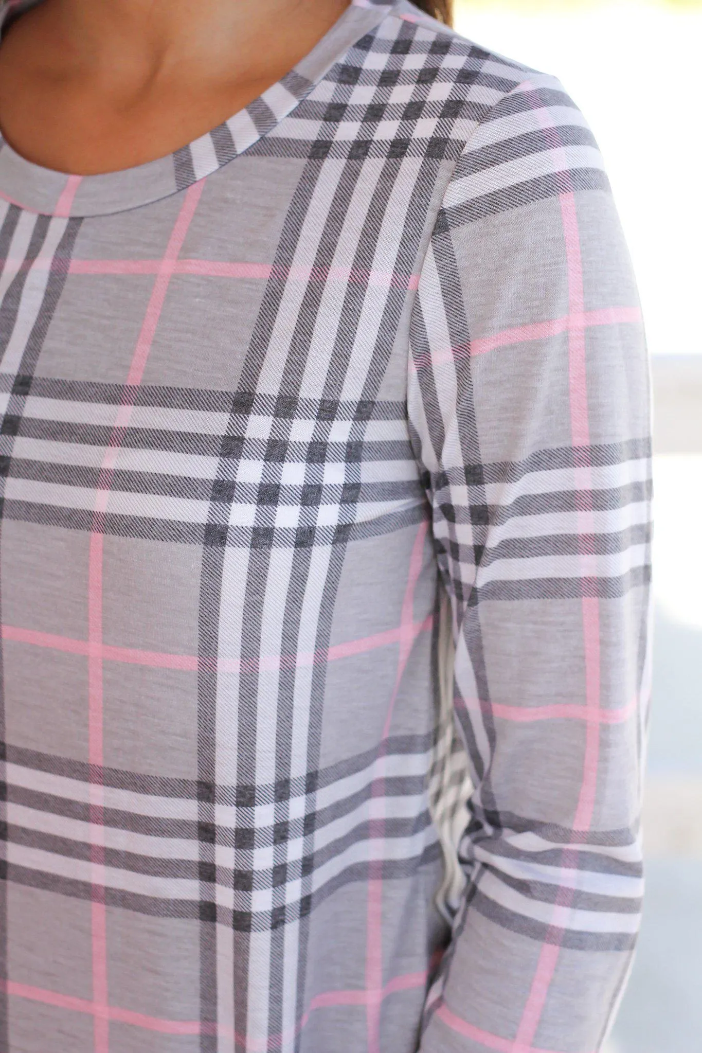 Pink and Gray Plaid Long Sleeve Top