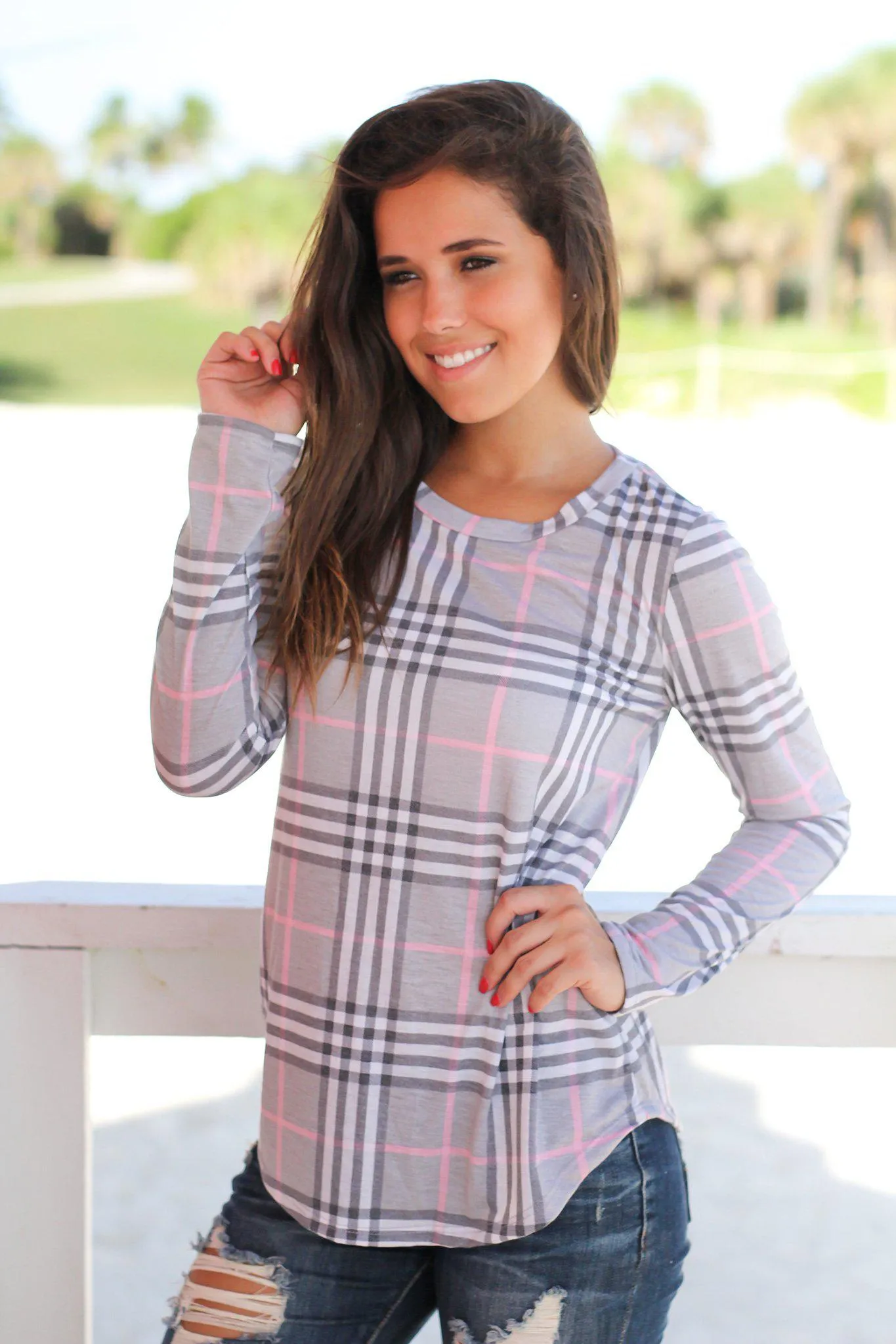 Pink and Gray Plaid Long Sleeve Top
