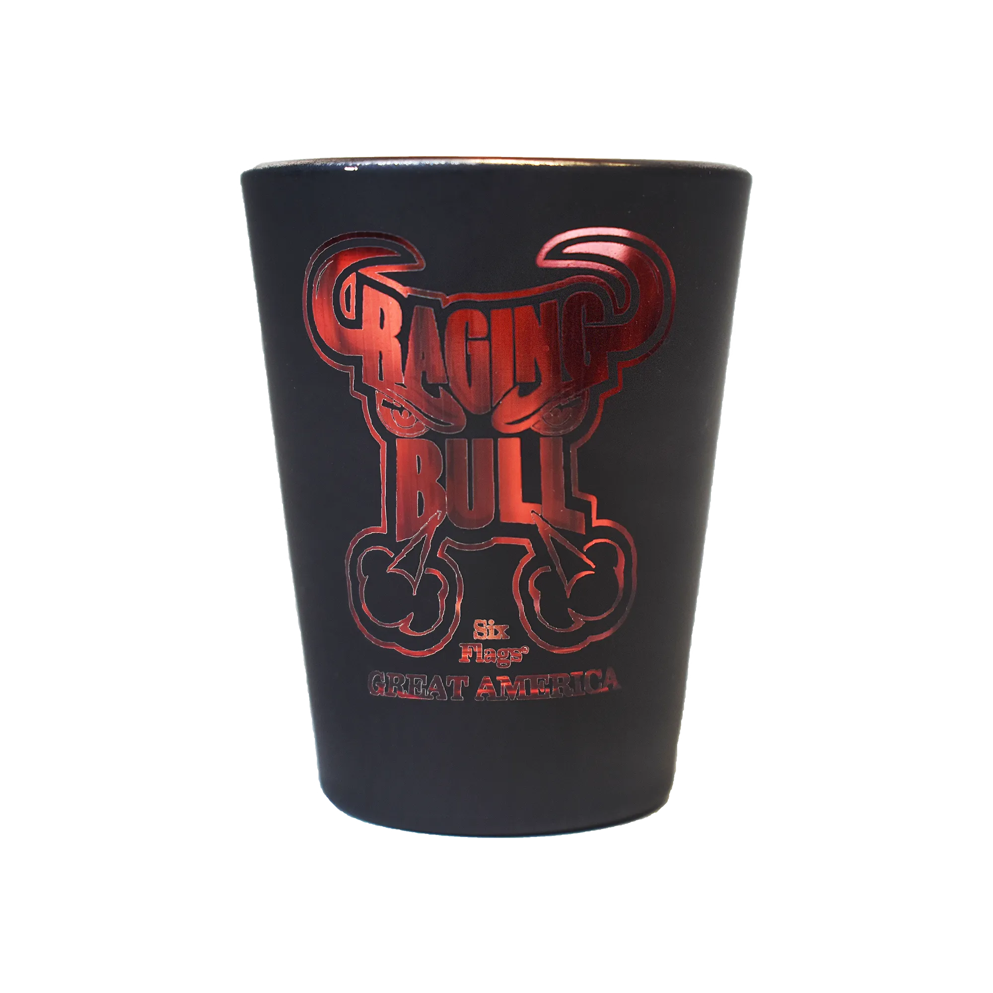 RAGING BULL MATTE BLACK SHOT GLASS (SIX FLAGS GREAT AMERICA)