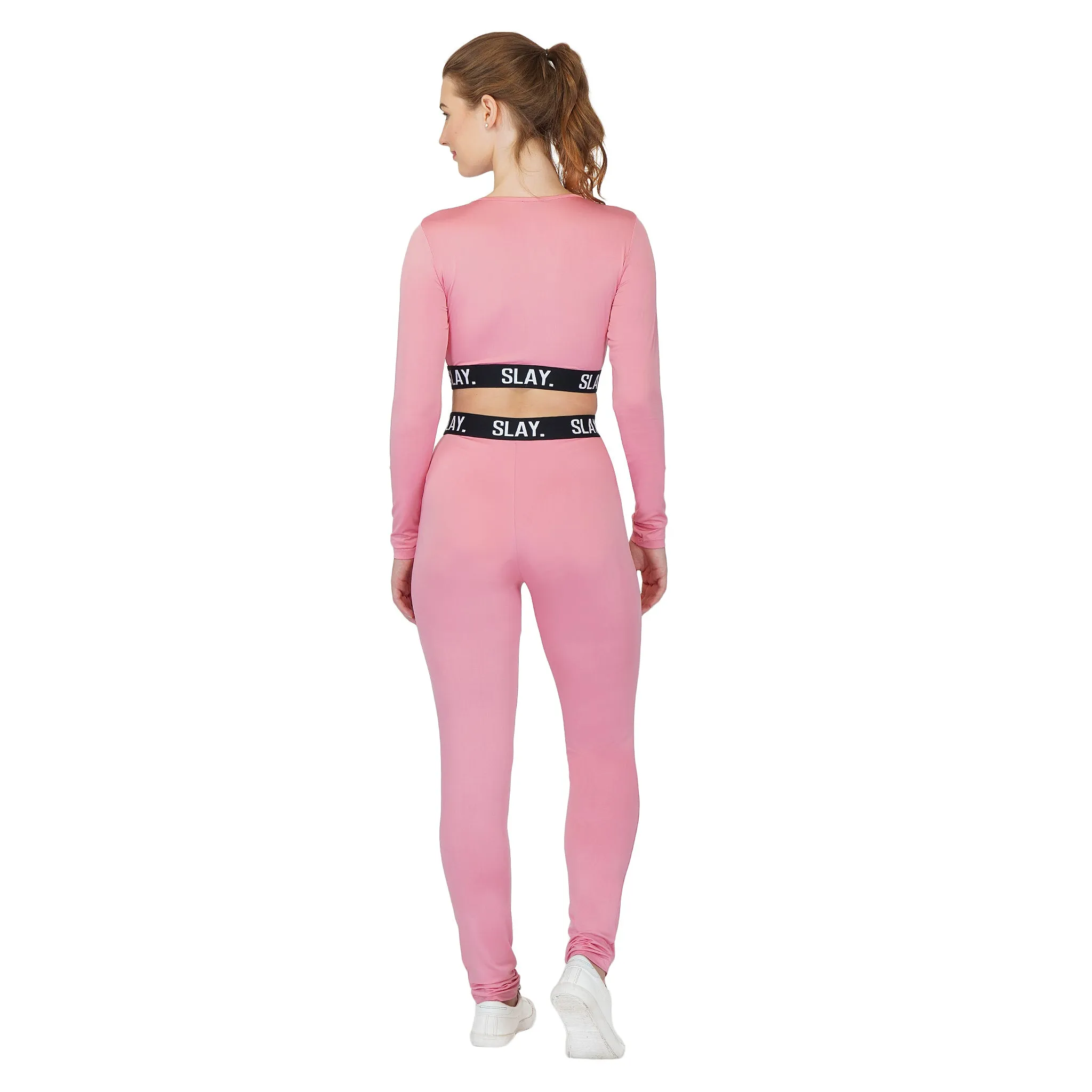 SLAY. Sport Women's Activewear Full Sleeves Crop Top And Pants Co-ord Set Pink