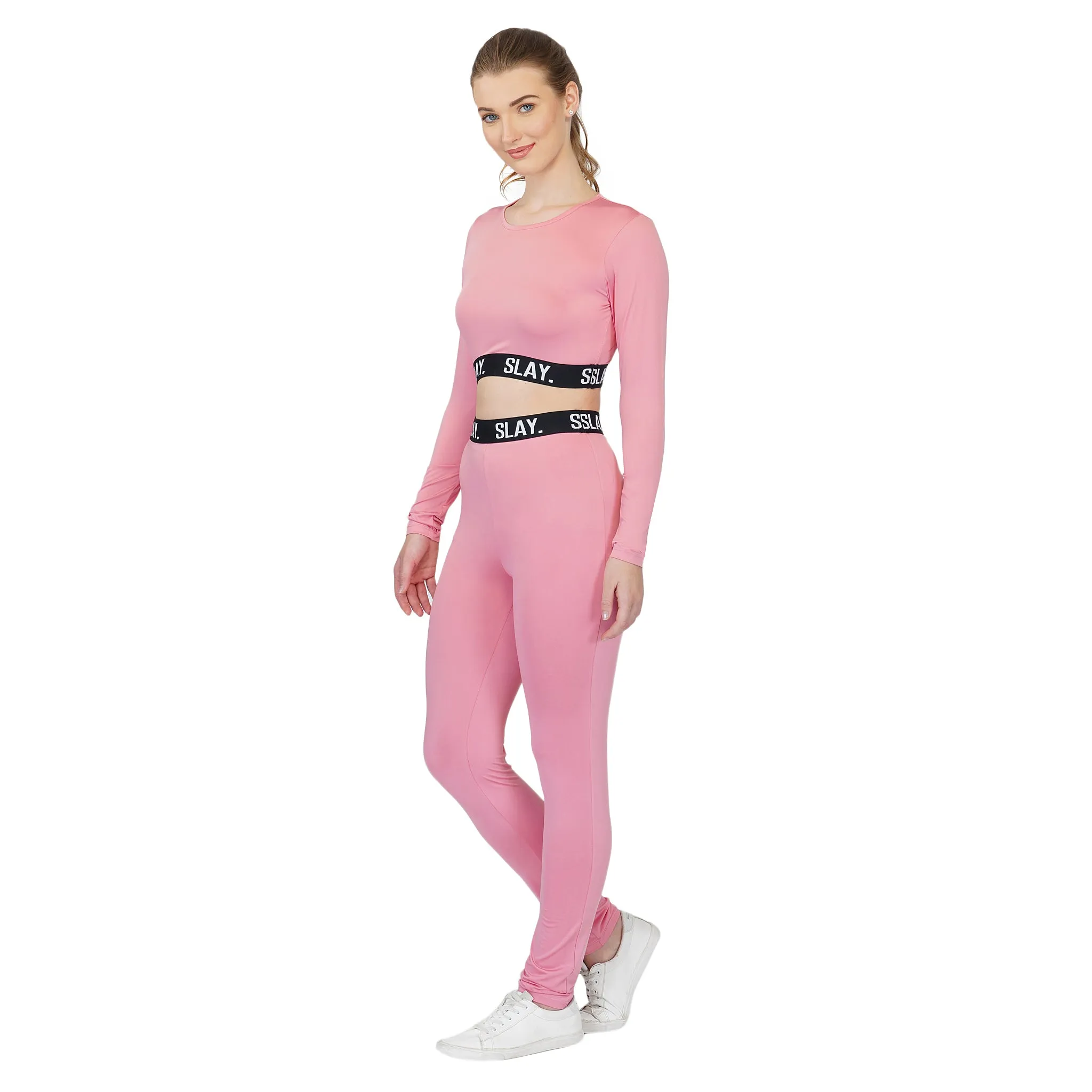 SLAY. Sport Women's Activewear Full Sleeves Crop Top And Pants Co-ord Set Pink