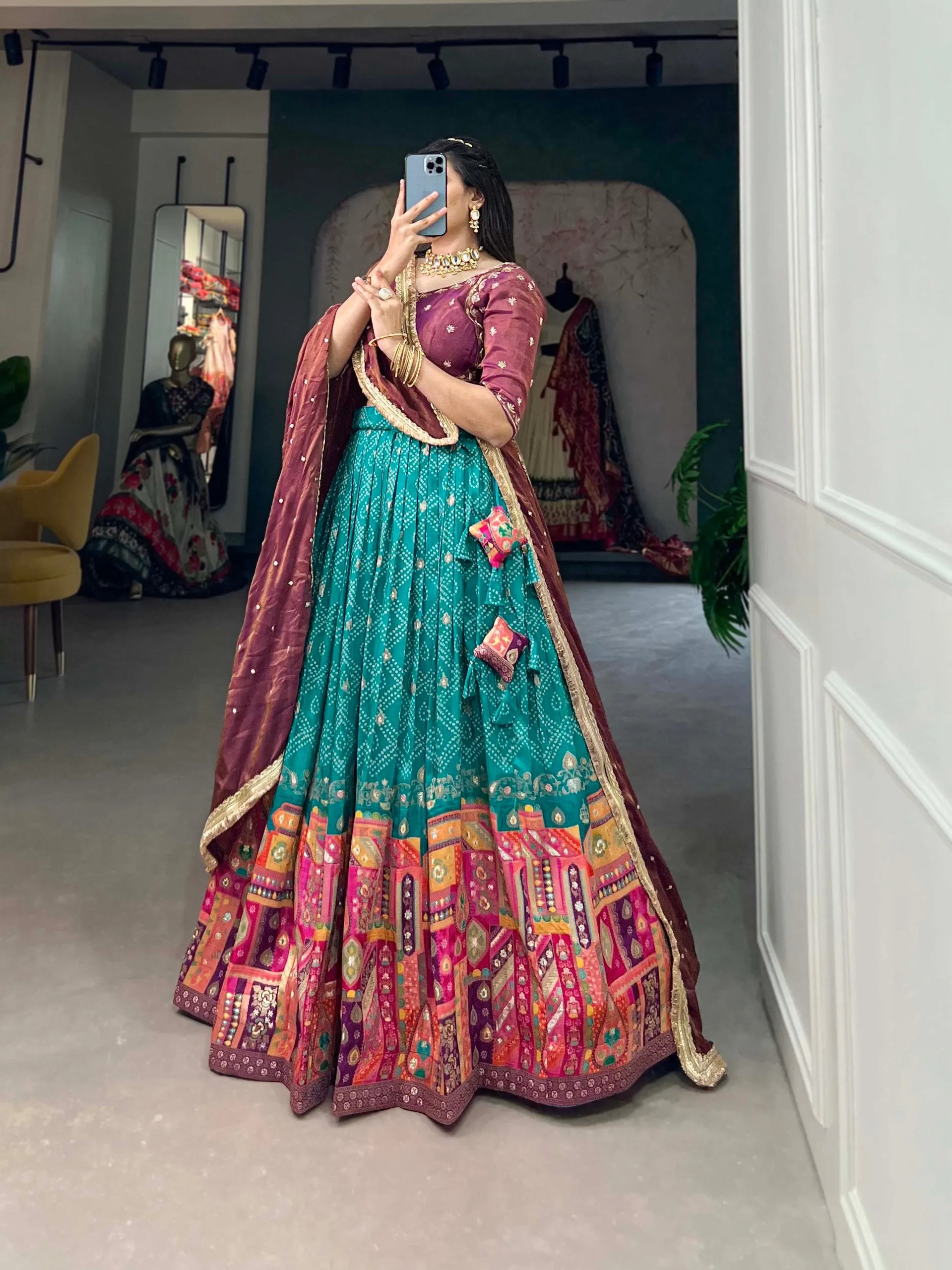 Teal Pure Viscose Jacquard Lehenga Choli with Zardosi Work