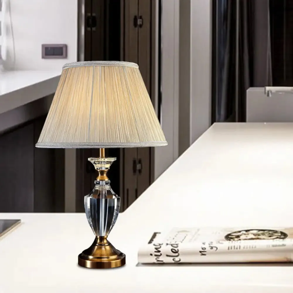 Traditional Style Fabric Pleated Shade Night Light Table Lamp with Urn Crystal Base - Cream Gray