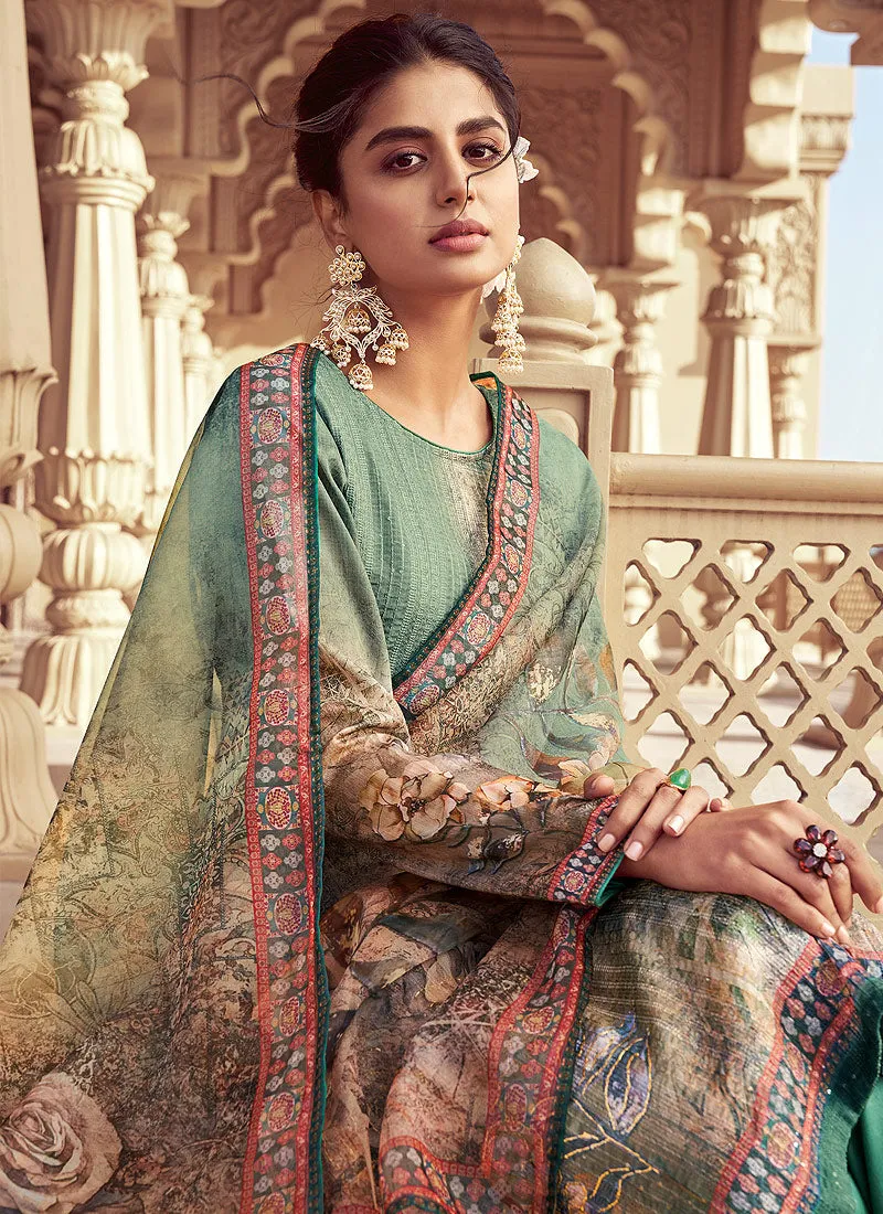 Turquoise Digital Print Casual Wear Pant Style Suit