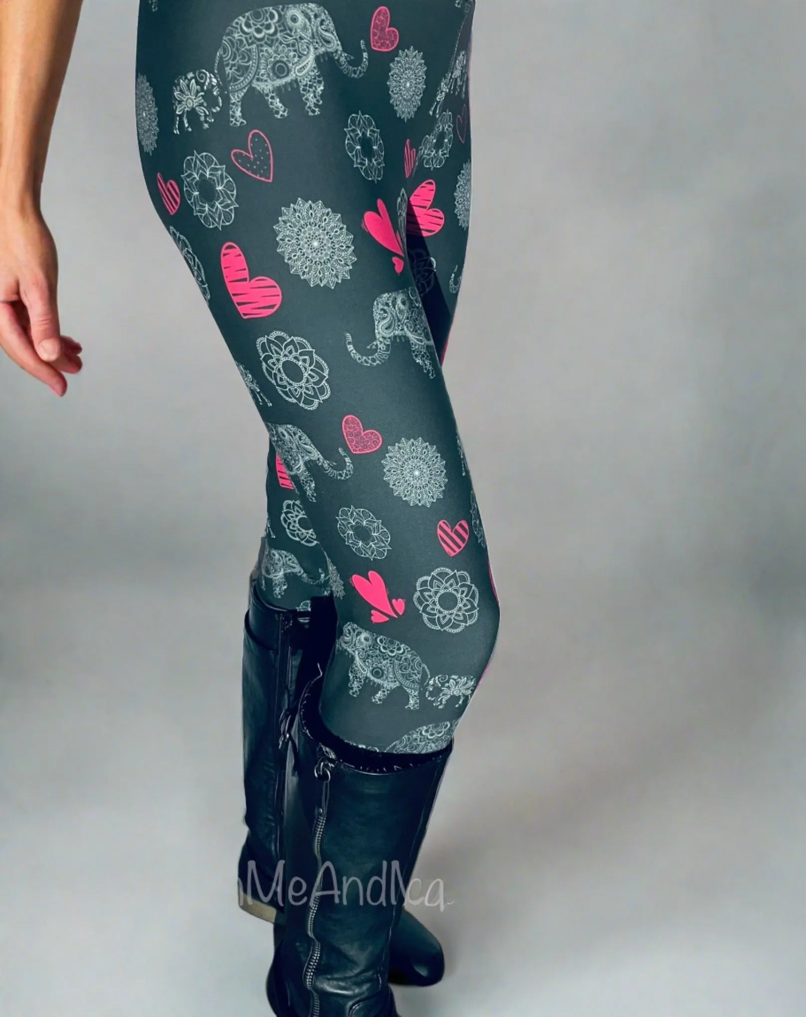 Womens Elephant Heart Leggings, Soft Yoga Pants, Sizes OS/TC/TC2, Yoga Waist, Gray/Pink, Exclusive Leggings