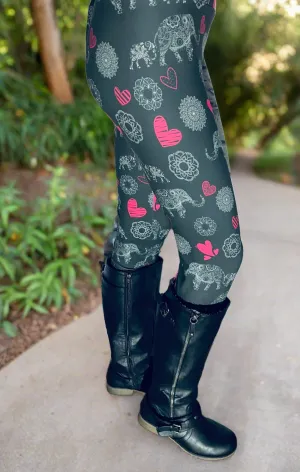 Womens Elephant Heart Leggings, Soft Yoga Pants, Sizes OS/TC/TC2, Yoga Waist, Gray/Pink, Exclusive Leggings