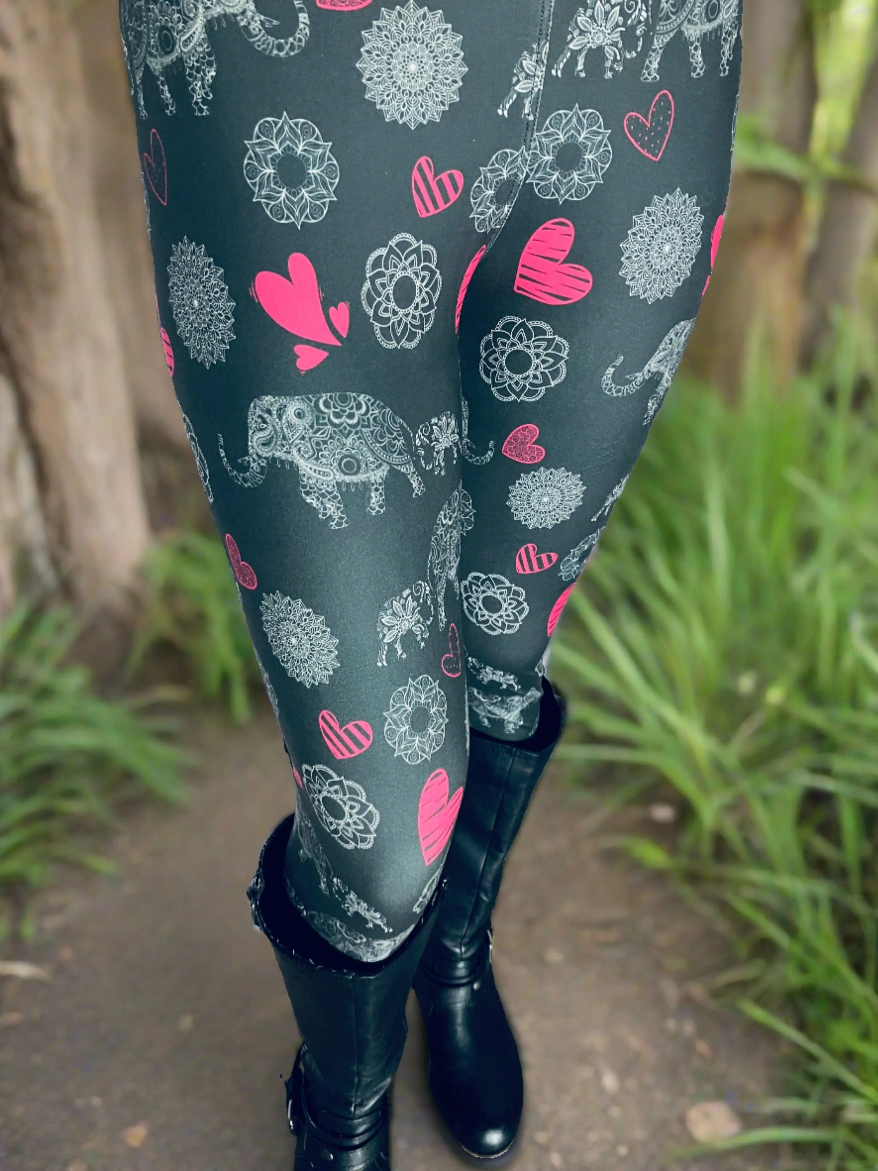 Womens Elephant Heart Leggings, Soft Yoga Pants, Sizes OS/TC/TC2, Yoga Waist, Gray/Pink, Exclusive Leggings