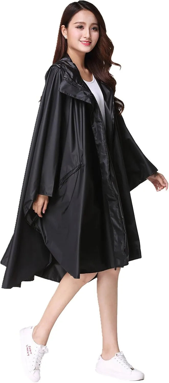 Womens Rain Poncho Stylish Polyester Waterproof Raincoat Free Size with Hood Zipper