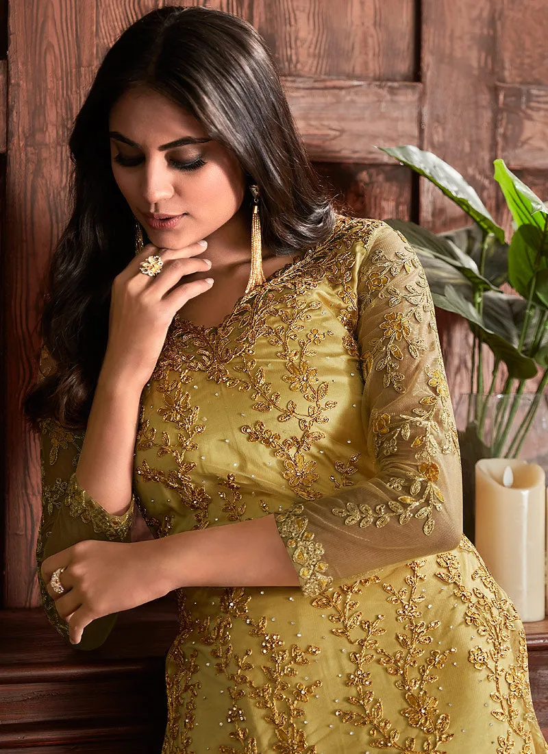Yellow Golden Embroidered Designer Pants Suit